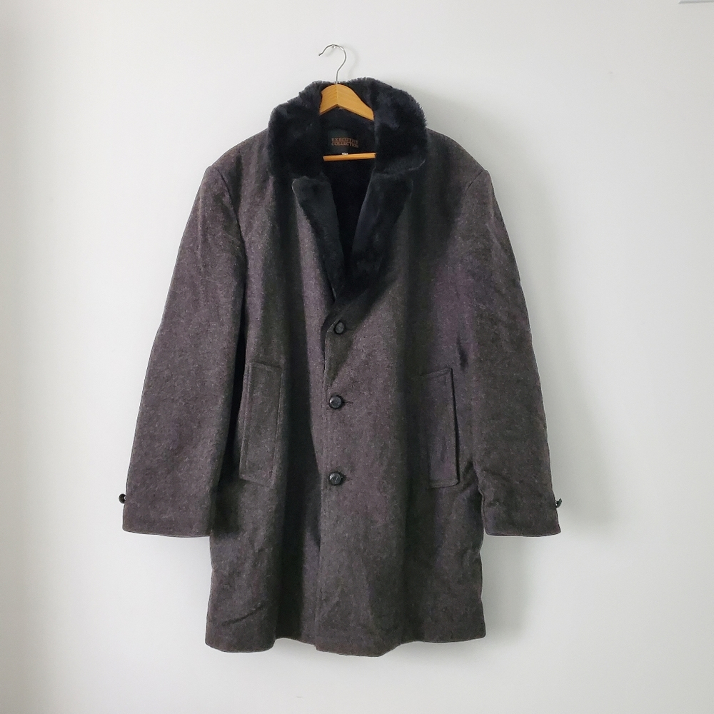Men Vintage Fur Lined Overcoat Coat Button Down Wool Blend Jacket Gray Size 44